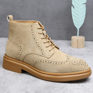 系带切尔西靴男牛筋底马丁靴反绒牛皮短靴男布洛克英伦风西装 皮鞋