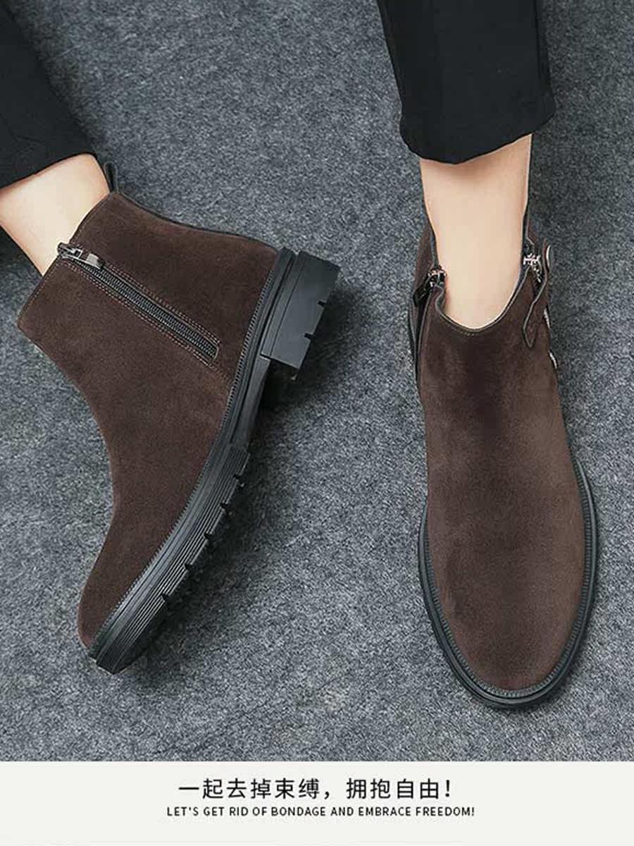 LEATHER CHELSEA BOOTSMENS SIDE ZIPPER POINTED TOE SUEDE BRITISH TREND VINTAGE BOOTIES HIGH-TOP CASUAL LEATHER SHOES