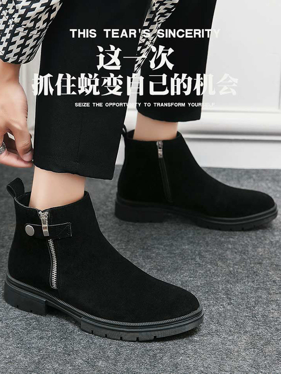 LEATHER CHELSEA BOOTSMENS SIDE ZIPPER POINTED TOE SUEDE BRITISH TREND VINTAGE BOOTIES HIGH-TOP CASUAL LEATHER SHOES