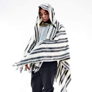 美式复古嘻哈条纹印第安羊毛针织阿美咔叽通用多功能情侣流苏披风