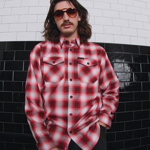 hiphop奇卡洛chicano金属摇滚红白拼接oversize重磅复古工装 衬衫