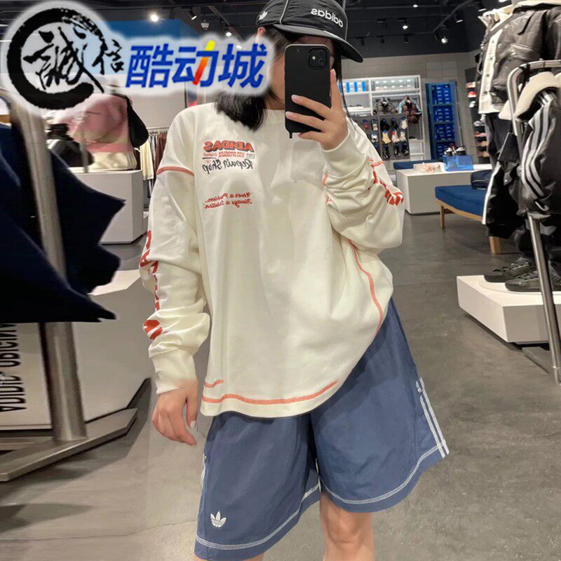 阿迪达斯三叶草针织宽松长袖T恤