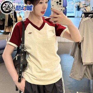 阿迪达斯三叶草女时尚百搭纯棉透气运动短袖V领T恤 KE6163 KF0315