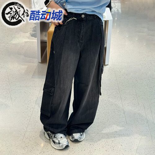 阿迪达斯三叶草女子新款牛仔黑色百搭多口袋工装宽松运动裤KC5825