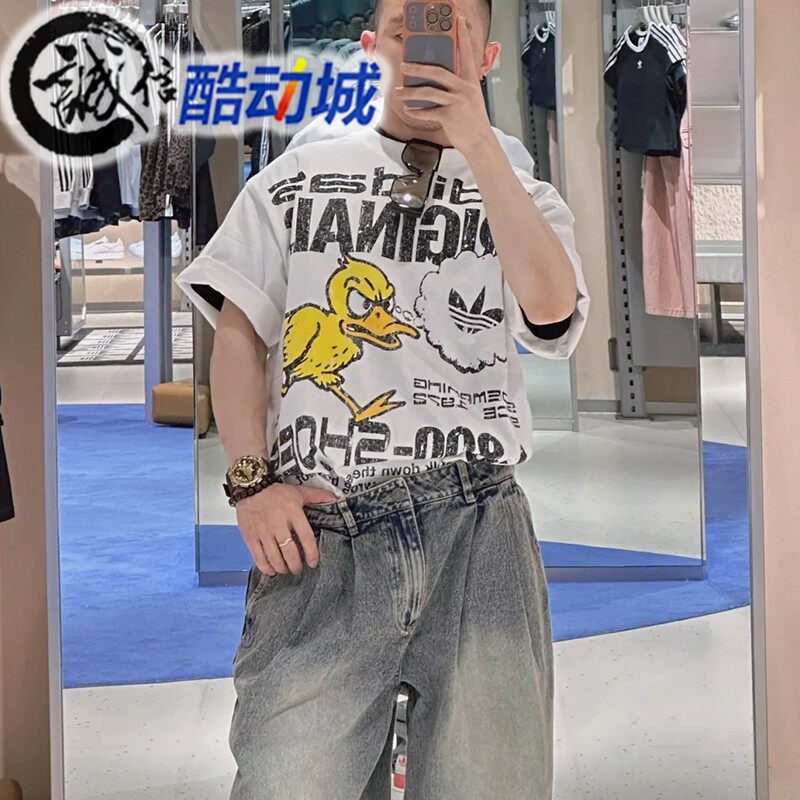 阿迪达斯三叶草男子愤怒鸭子纯棉透气宽松运动短袖T恤KG6439 6438