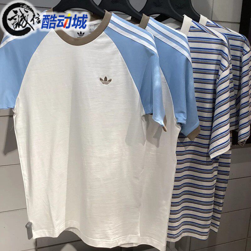 阿迪达斯三叶草夏新款拼接纯棉运动休闲短袖圆领T恤KC4960 KC4961