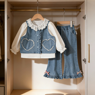 BB2026春季新款女童牛仔套装马甲+衬衫+牛仔喇叭裤三件套80-140码