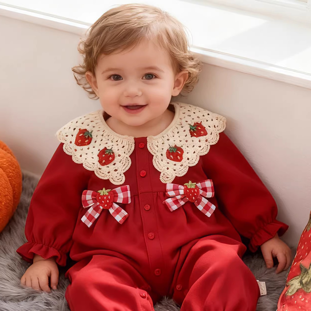 满月红色长袖宝宝衣服婴儿连体衣