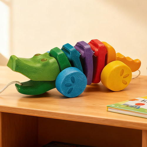 进口plantoys拖拉鳄鱼益智早教
