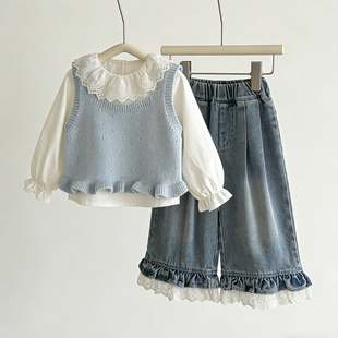 新款女童时尚套装针织背心+白色衬衫+牛仔裤幼童三件套80-140码