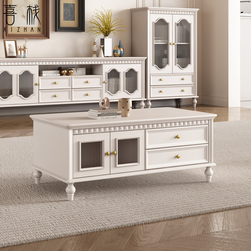 美式实木茶几电视柜白色奶油风客厅方形茶桌法式小户型客厅茶几