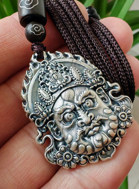 黄铜镀银藏式复古大黑天财神吊坠项链玛哈嘎拉天神项绳国潮挂坠款