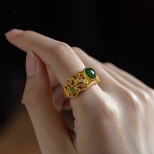 小众个性复古和田玉碧玉圆形镂空花型戒指女时尚气质指环手饰