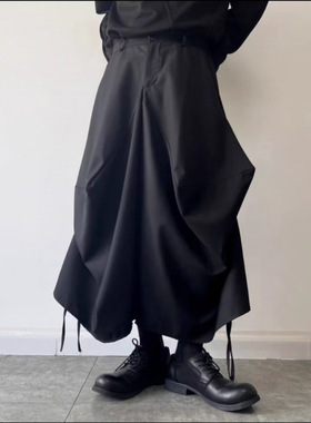 山本风暗黑小众不规则立体阔腿裤裙裤抽带黑武士剑道裙裤子黑色男