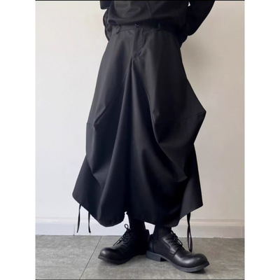 山本风暗黑小众不规则立体阔腿裤裙裤抽带黑武士剑道裙裤子黑色男