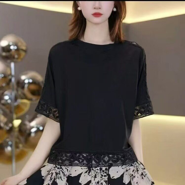正品2026 女士t恤短袖圆领衫洋气减龄妈妈装遮肉款纯色内搭款
