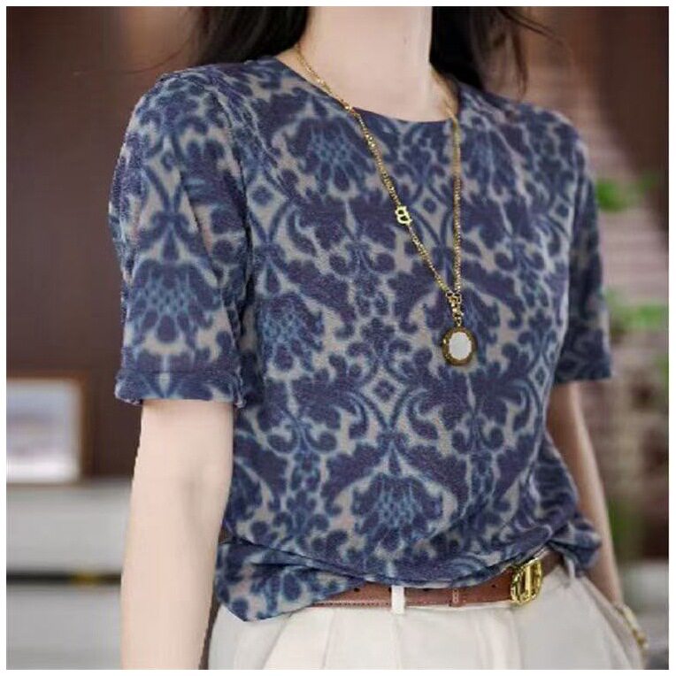 正品 2026夏季新款时尚蓝色洋气女士打底T恤衫弹力妈妈上衣女