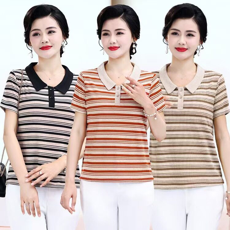 正品 女士t恤短袖新款娃娃领夏季polo衫洋气减龄妈妈装遮肉款
