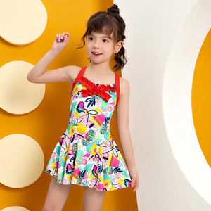 英发儿童游泳衣小女孩连体裙式中大女童女孩前双层发育平角裤泳装