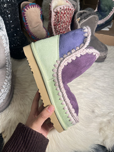 POHIOSAY拼色羊皮毛一体短靴甜美日系18公分