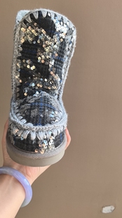 M女士羊皮毛一体雪地靴毛线编制爱斯基摩24cm灰色珠片