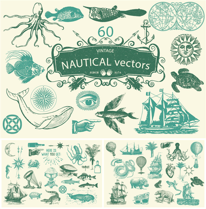 A0574矢量AI设计素材 60个复古海洋动物帆船地球仪航海线稿插画