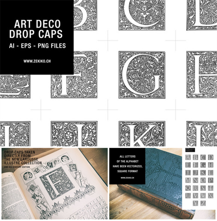 A0779矢量AI设计素材 19世纪复古英文首字母花纹Art Deco纹样+png