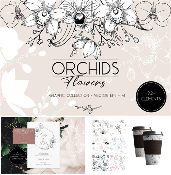 a0722矢量ai设计素材 兰花手绘线稿花纹边框四方连续背景插画