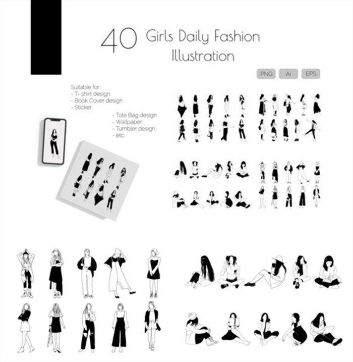 A0658矢量AI设计素材 40张手绘黑白插画少女造型动作姿势图案+png