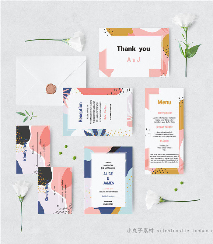 p0234高清ps设计素材孟菲斯风格几何配色典雅的婚礼请柬邀请函psd