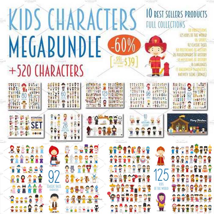 A0262矢量AI设计素材 520个扁平化卡通儿童插画历史职业民族含png