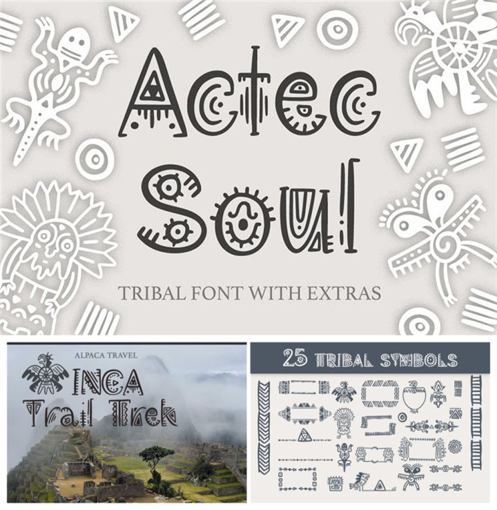 PS平面设计素材阿兹特克风格字体英文字体Aztec Soul+矢量图花纹