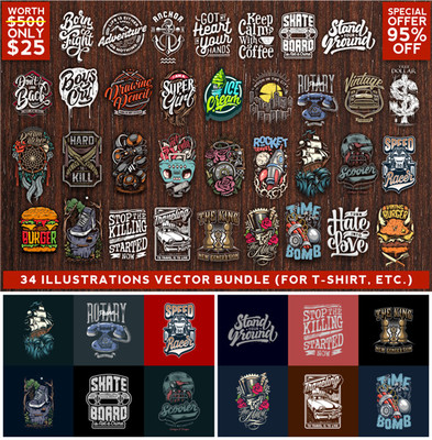 A0769矢量AI设计素材 34款欧美复古手绘grunge风插画刺青T恤印花