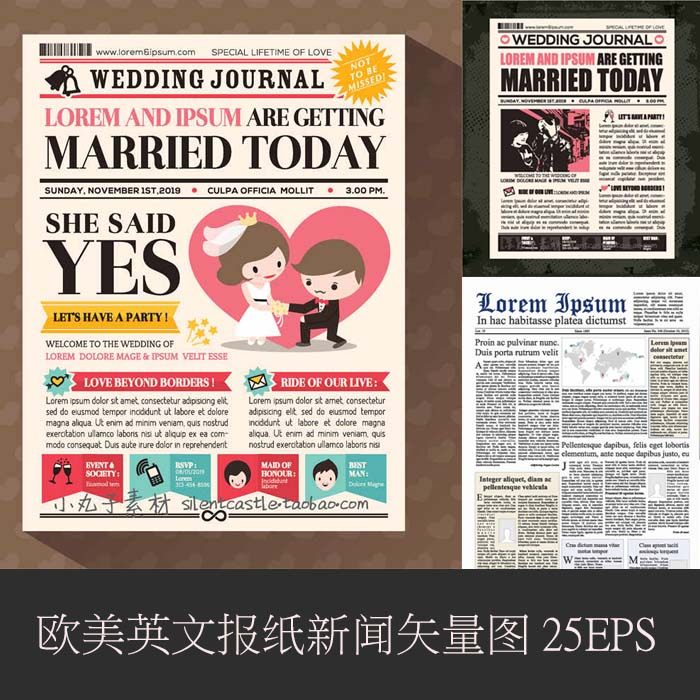 a0342矢量ai设计素材 欧美英文报纸新闻婚礼简报剪报模板