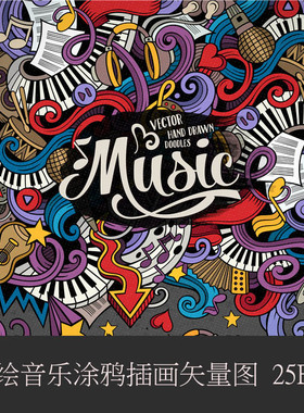 A0535矢量AI设计素材 欧美风涂鸦手绘横幅音乐主题banner卡片插画