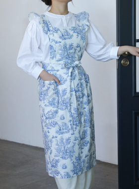 法式围裙防污全棉复古印花荷叶边花艺罩衫花店画画咖啡店工作服