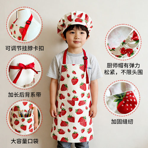 儿童草莓印花可调节围裙套装