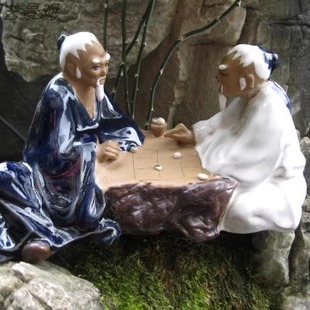 包郵 飾吸水石陶瓷擺件 假山盆景配件山水人物雙人對棋翁水族造景裝