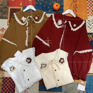 秋冬新款 气质休闲宽松娃娃领衬衣韩系校园风设计感木耳边磨毛