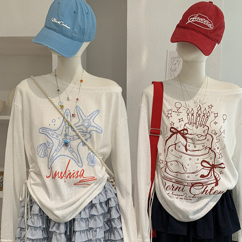 斜领露肩薄款长袖T恤女宽松春夏新款下摆抽绳雪花棉防晒罩衫上衣