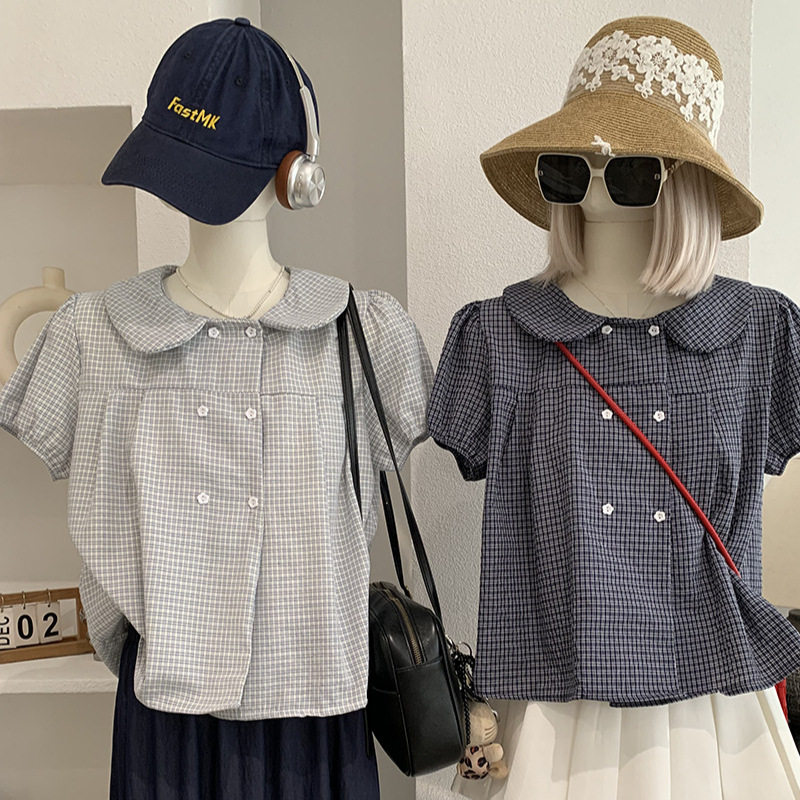 韩系娃娃领泡泡袖小格子衬衫女夏季宽松学院风文艺双排扣日系衬衣