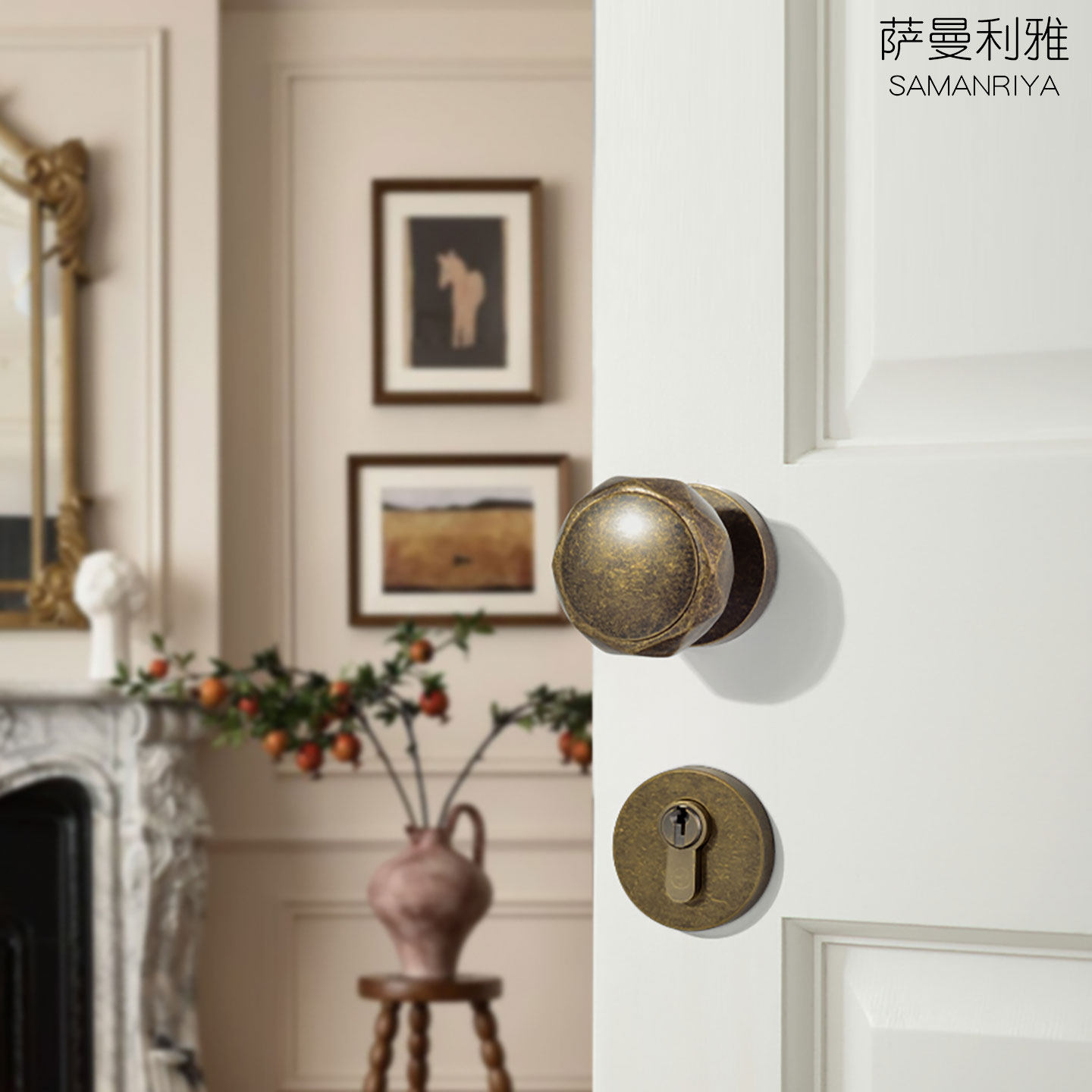 全铜现代门锁室内静音磁吸房门分体锁家用球形复古做旧双开门门锁