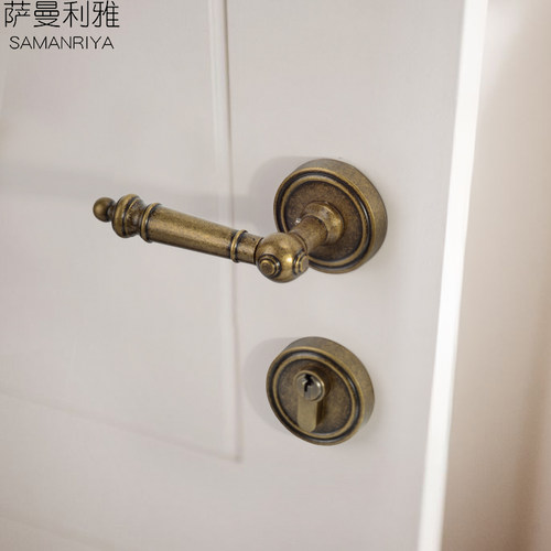 萨曼利雅铜锁黄铜静音磁吸复古美式房门锁实心把手室内分体锁2360