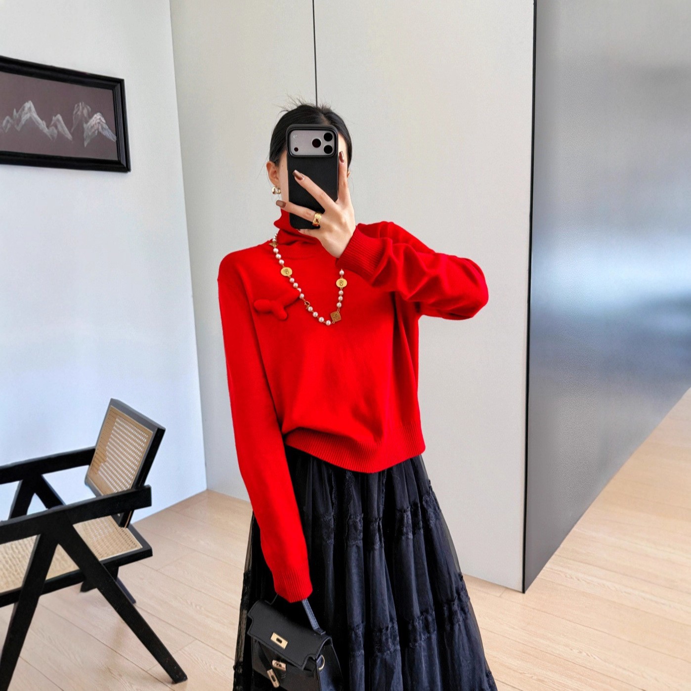 南油高端女装红色高领针织衫