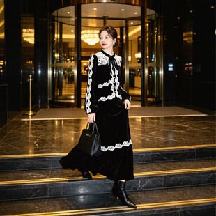 重工水溶蕾丝花边丝绒上衣 黑色立领蝴蝶结长袖名媛风衬衫女秋冬