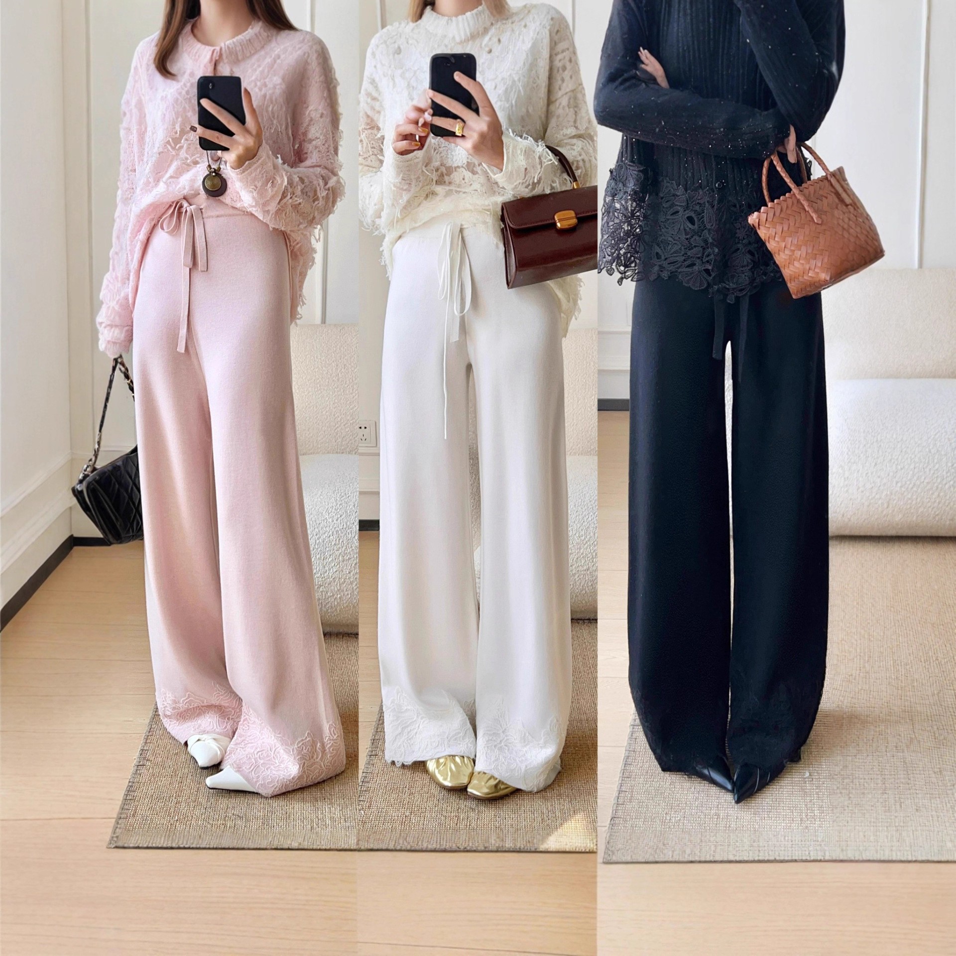 南油高端女装蕾丝拼接阔腿裤