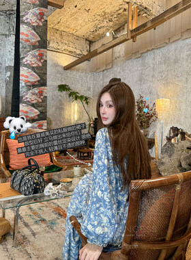 钱美西4米用料2.8米裙摆4层蓝色碎花茶歇夏季超薄9分袖防晒连衣裙