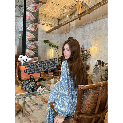 钱美西4米用料2.8米裙摆4层蓝色碎花茶歇夏季超薄9分袖防晒连衣裙