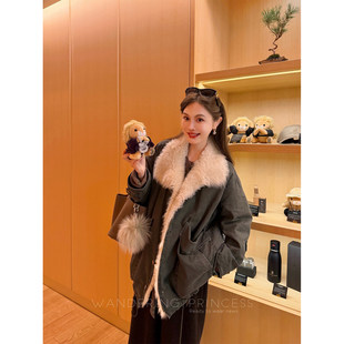 钱美西 托斯卡纳皮草领可拆卸90白鹅绒军绿色工装派克羽绒服外套