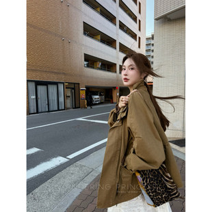 钱美西 复古做旧早秋新款卡其色短外套女宽松工装夹克纯棉风衣